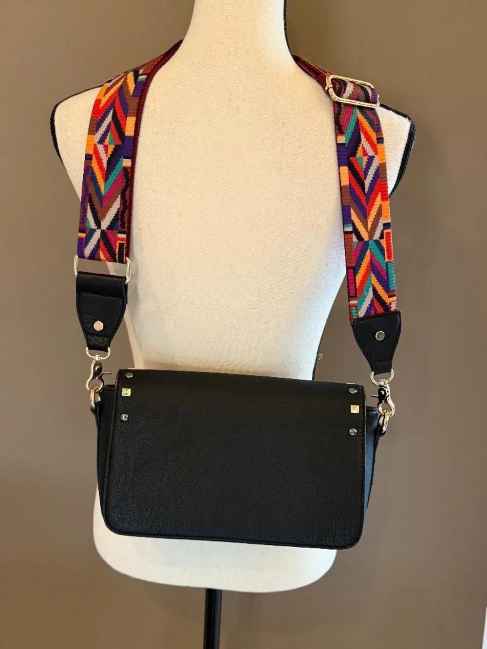 Black Leather Studded Boho Bag with Colorful Guitar Style Adjustable Strap